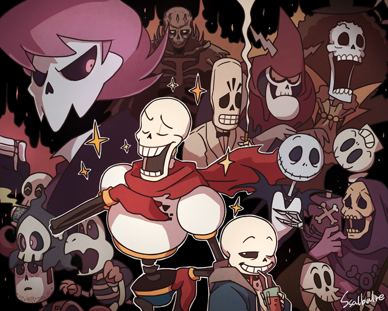 6+boys afro anpanman artist_name ascot berserk black_sclera bow bowtie brook_(one_piece) brothers cigarette clenched_hand colored_sclera crossover cup drinking dry_bones duskull formal_clothes gen_3_pokemon grim grim_(grim_adventures) grim_fandango grin hand_on_own_hip hood horrorman jack_skellington lewis_(mystery_skulls) lord_hater male_focus manolo_sanchez manuel_calavera mario_(series) masters_of_the_universe multiple_boys multiple_crossover mystery_skulls nintendo one_eye_closed one_piece papyrus_(undertale) pink_hair pokemon pokemon_(creature) pompadour puyopuyo sans_(undertale) scarf siblings skeleton skeleton_t skeletor skull_head skull_knight_(berserk) smile smoke smoking sparkle ssalbulre suit teacup the_book_of_life the_grim_adventures_of_billy_&amp;_mandy the_nightmare_before_christmas traditional_bowtie trait_connection tuxedo undertale wander_over_yonder yellow_eyes yunomi