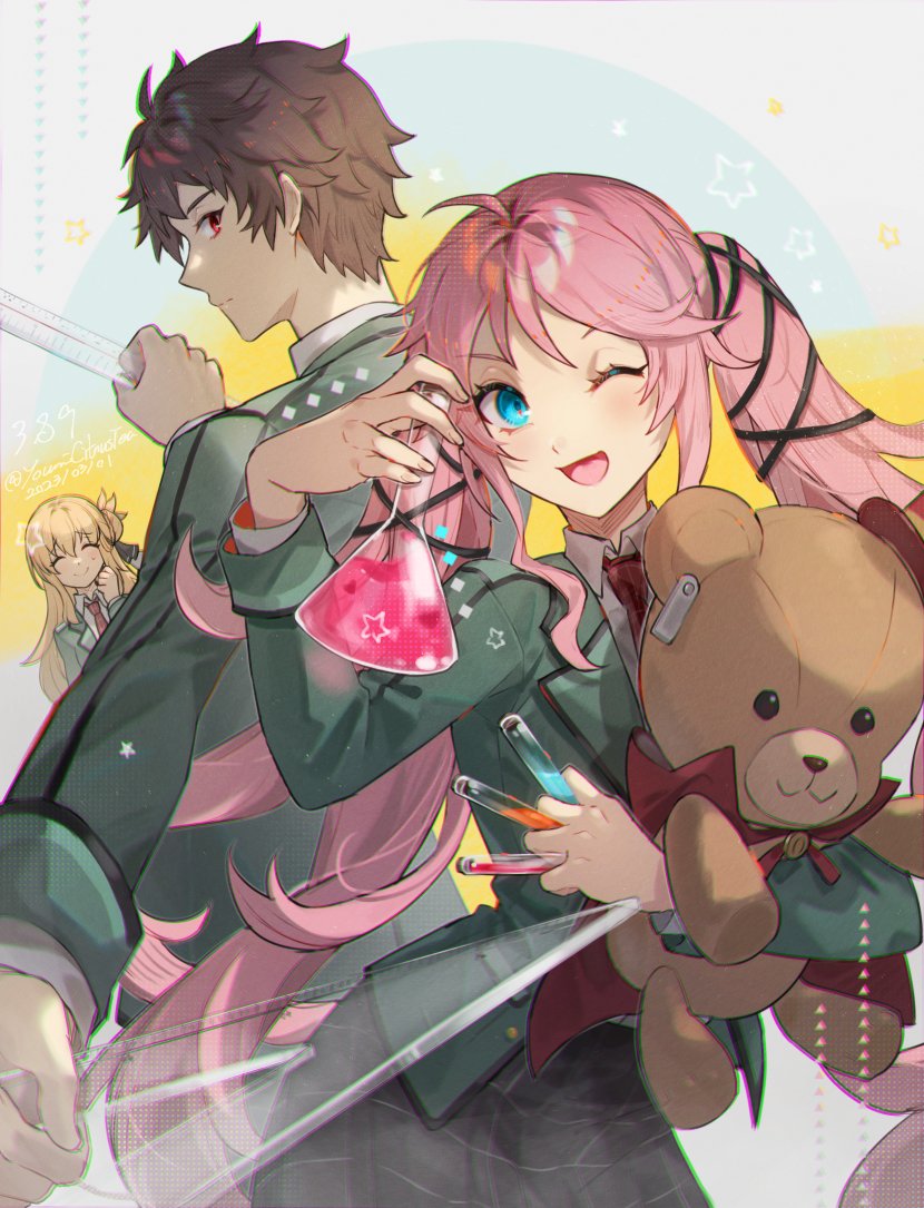 1boy 2girls agnes_claudel ambiguous_red_liquid beaker blonde_hair blue_eyes brown_bear brown_hair cape checkered_clothes checkered_skirt chemicals chemistry closed_eyes eiyuu_densetsu erlenmeyer_flask flask from_side green_jacket hajimari_no_kiseki holding holding_ruler holding_stuffed_toy holding_test_tube instrument jacket kuro_no_kiseki kuro_no_kiseki_(series) kuro_no_kiseki_i kuro_no_kiseki_ii liquid long_hair multiple_girls nadia_rayne one_eye_closed open_mouth pink_hair red_eyes red_tie ruler school_uniform shirt short_hair skirt smile stuffed_animal stuffed_toy swin_abel teddy_bear test_tube triangle_(instrument) twintails white_shirt youmicitrustea