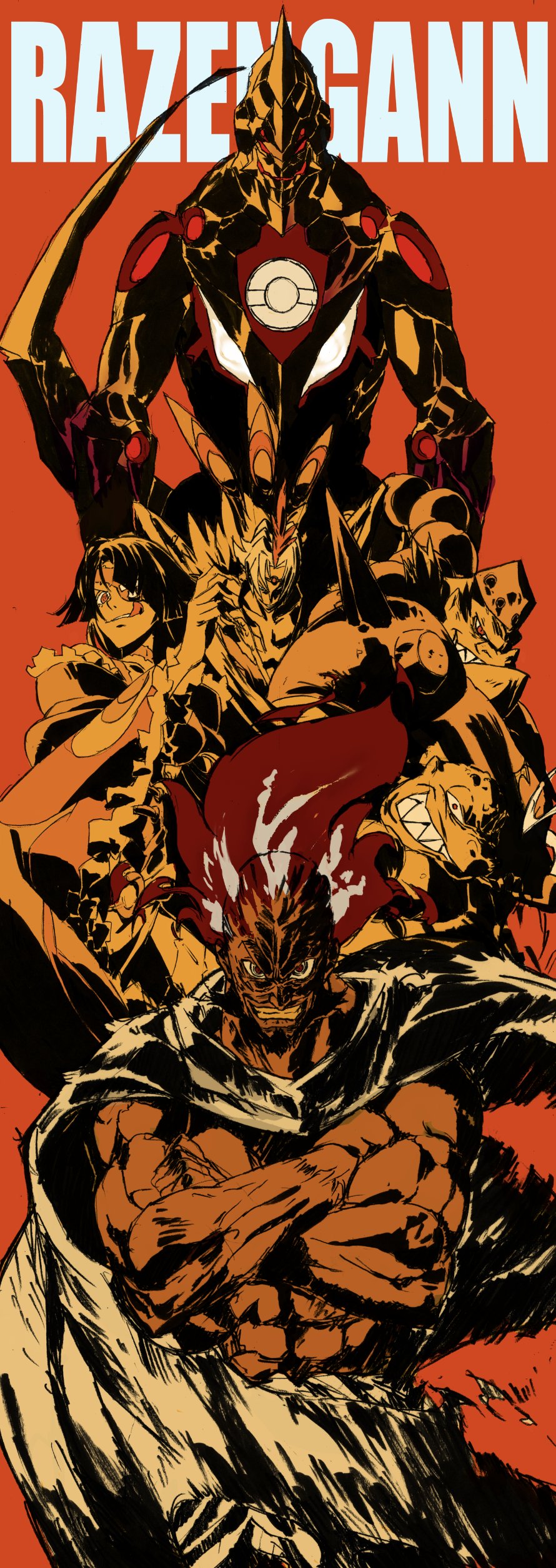 :q abs absurdres adiane bald beard crossed_arms cytomander eyepatch facial_hair grin guame highres lazengann lordgenome muscular red_theme smile sushio tengen_toppa_gurren_lagann thymilph tongue tongue_out
