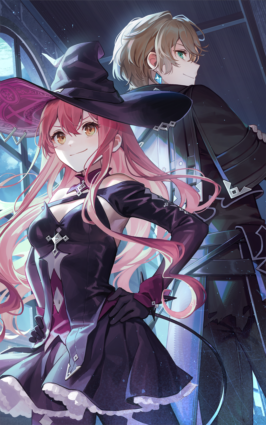 1boy 1girl atelier_(series) atelier_ayesha atelier_resleriana back-to-back bare_shoulders belt black_capelet black_coat black_gloves black_hat black_shirt black_skirt blonde_hair brown_eyes capelet ceiling closed_mouth coat cowboy_shot detached_collar earrings esukee gloves hair_between_eyes hand_on_own_hip hat highres indoors jewelry long_hair looking_at_viewer looking_back night non-web_source pantyhose pink_hair print_headwear roman_kalman roman_kalman_(secret_fellow) shirt short_hair sidelighting skirt smile sparkle standing wilbell_voll-ersleid wilbell_voll-ersleid_(witch_in_the_dark) window witch_hat