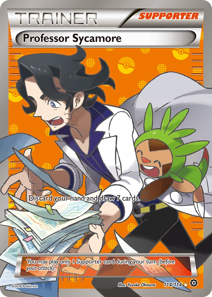 1boy artist_name professor_sycamore black_hair black_pants blue_eyes blue_shirt character_name chespin closed_eyes coat collared_shirt copyright_name copyright_notice english_text facial_hair gen_6_pokemon lab_coat male_focus nintendo official_art oomura_yuusuke open_clothes open_coat open_mouth orange_background pants paper paper_stack papers poke_ball pokemon pokemon_(creature) pokemon_card pokemon_tcg pokemon_xy shirt short_hair smile sweatdrop teeth third-party_source trading_card upper_teeth_only white_coat