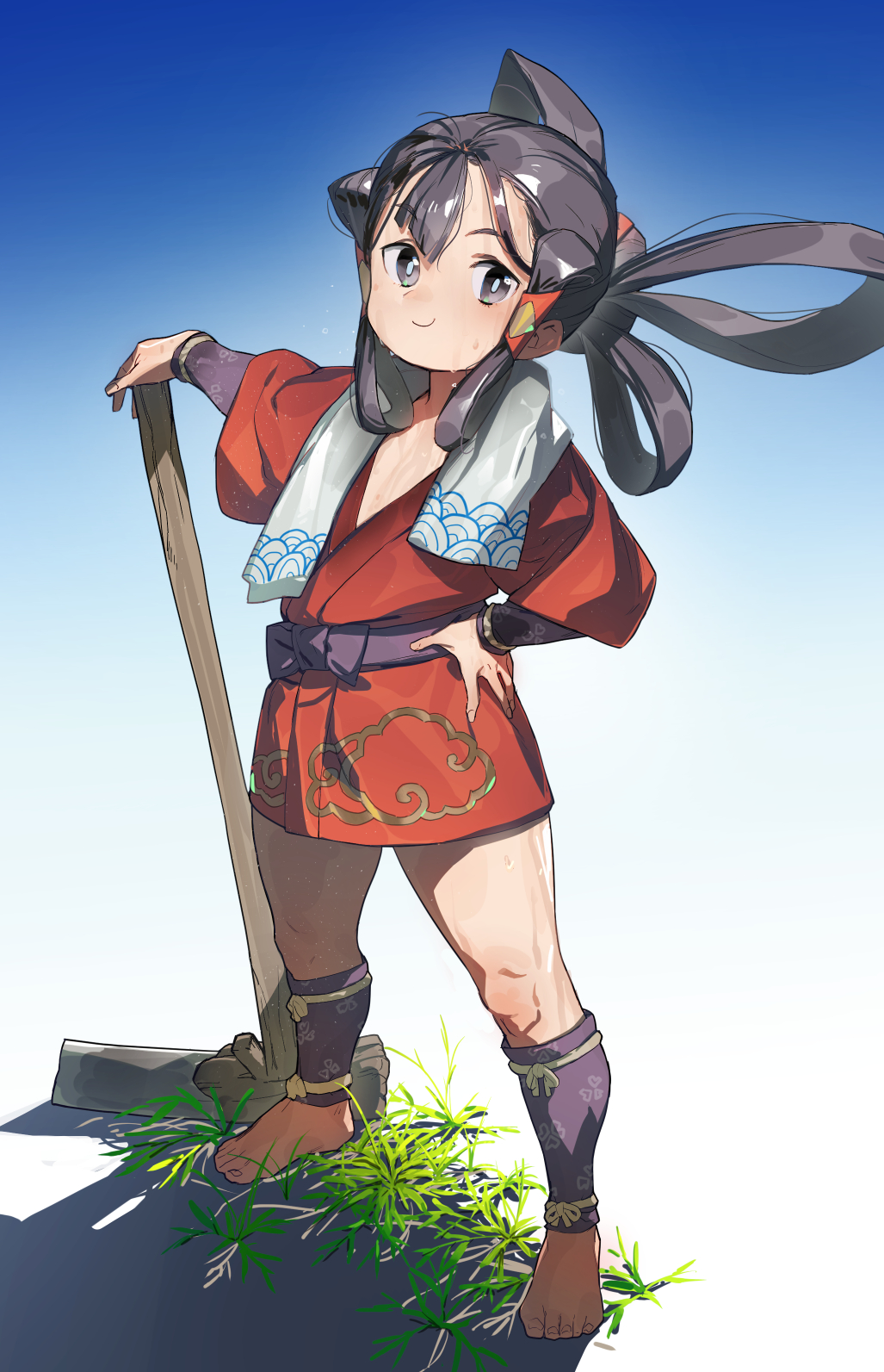 1girl barefoot black_eyes black_hair commentary_request flat_chest full_body grass hair_rings highres hoe japanese_clothes kimono long_hair looking_at_viewer mizura red_kimono sakuna-hime short_kimono smile solo soosaresu sweat tensui_no_sakuna-hime towel towel_around_neck