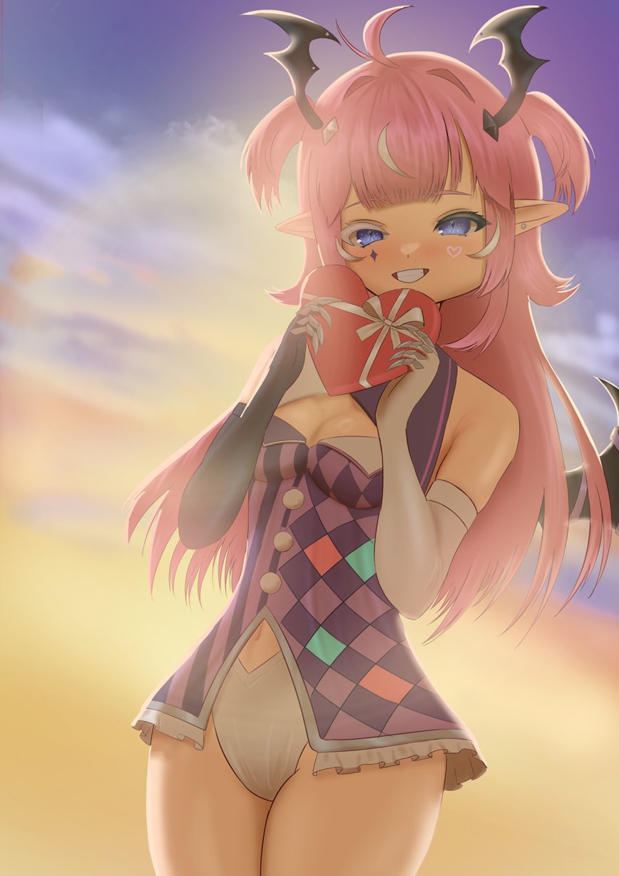 1girl ahoge asymmetrical_gloves backlighting black_gloves black_wings camila_(vtuber) dimoire elbow_gloves gloves hair_intakes hashtag-only_commentary highres indie_virtual_youtuber pink_hair short_twintails sunset twintails virtual_youtuber white_gloves wings