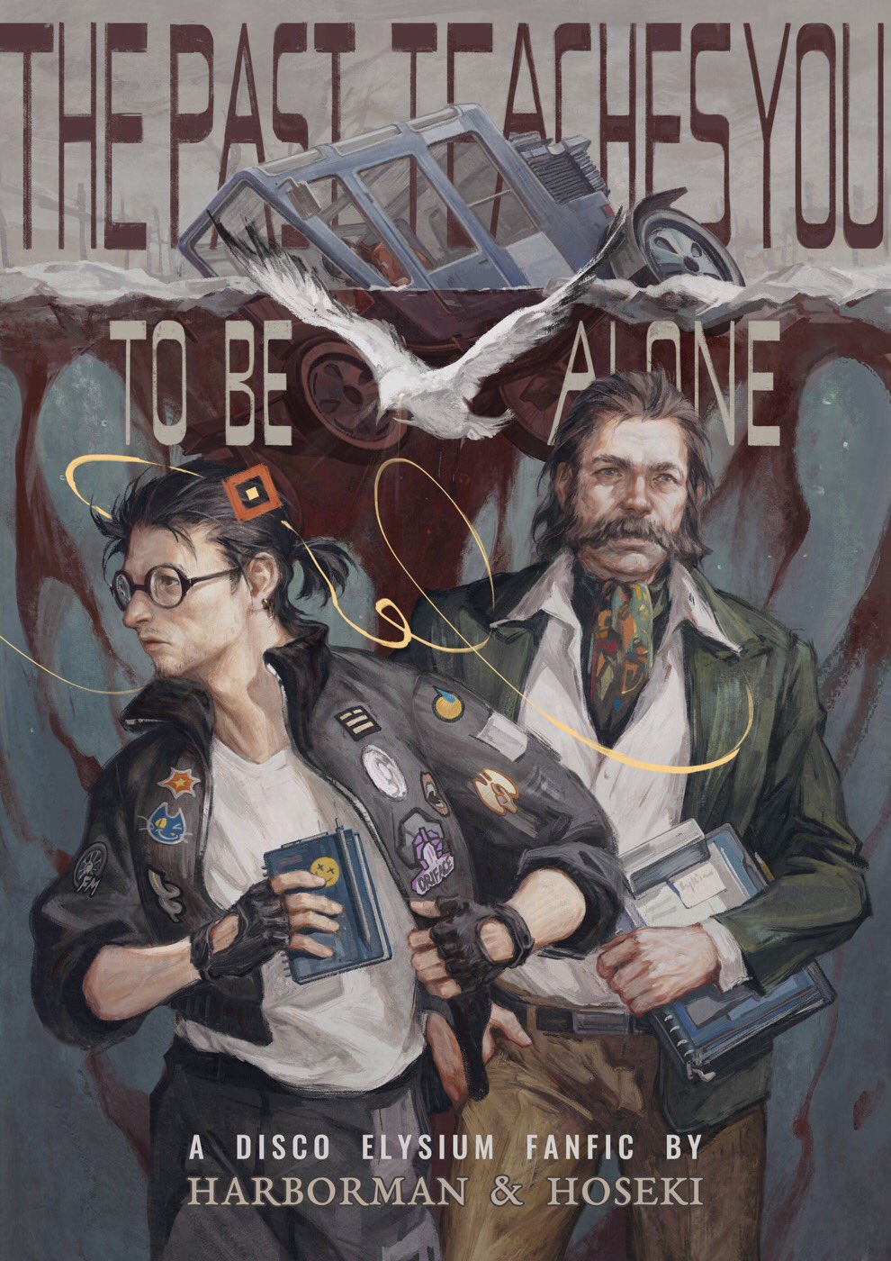 2boys beard bird black_hair bomber_jacket chanasykine commission coupris_kineema cover cowboy_shot disco_elysium facial_hair fanfiction_available fingerless_gloves glasses gloves green_jacket harry_du_bois highres holding holding_notebook jacket kim_kitsuragi looking_to_the_side motor_vehicle multiple_boys notebook scarf