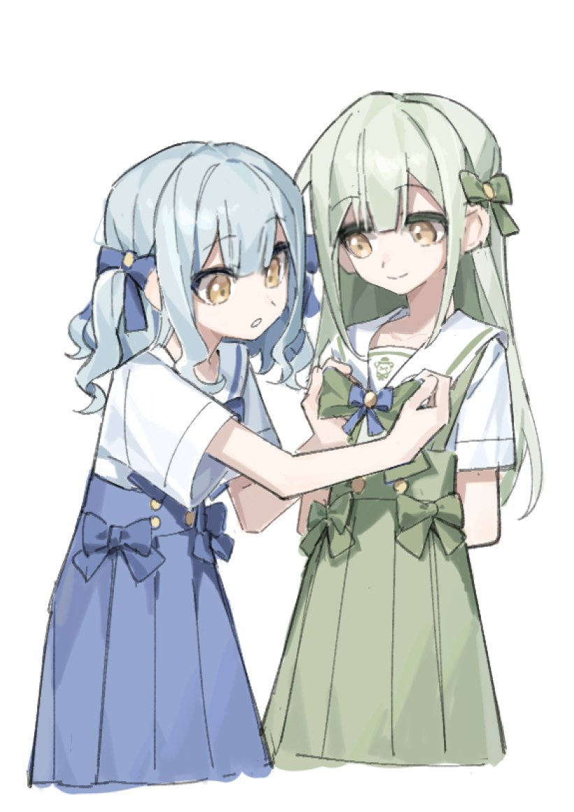 2girls :o aged_down arms_behind_back bang_dream! bang_dream!_it&#039;s_mygo!!!!! blue_bow blue_bowtie blue_skirt bow bowtie buttons chinese_commentary closed_mouth commentary_request cropped_legs double-parted_bangs green_bow green_skirt hair_between_eyes hair_bow hands_up holding holding_bow_(ornament) light_smile long_hair long_sidelocks medium_hair multiple_girls pleated_skirt sailor_collar sailor_shirt shirt short_sleeves shoulder_strap side-by-side sidelocks simple_background skirt togawa_sakiko wakaba_mutsumi white_background white_shirt yellow_eyes zao87843356