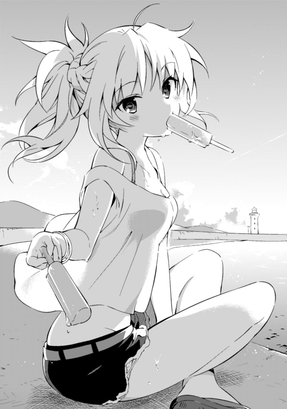 1girl blush breasts casual fate/apocrypha fate_(series) food food_in_mouth from_side full_body hanabana_tsubomi highres holding holding_food indian_style lighthouse looking_at_viewer mordred_(fate) mordred_(fate/apocrypha) outdoors ponytail popsicle shirt short_hair short_shorts shorts sitting small_breasts solo strap_slip sweat water wind