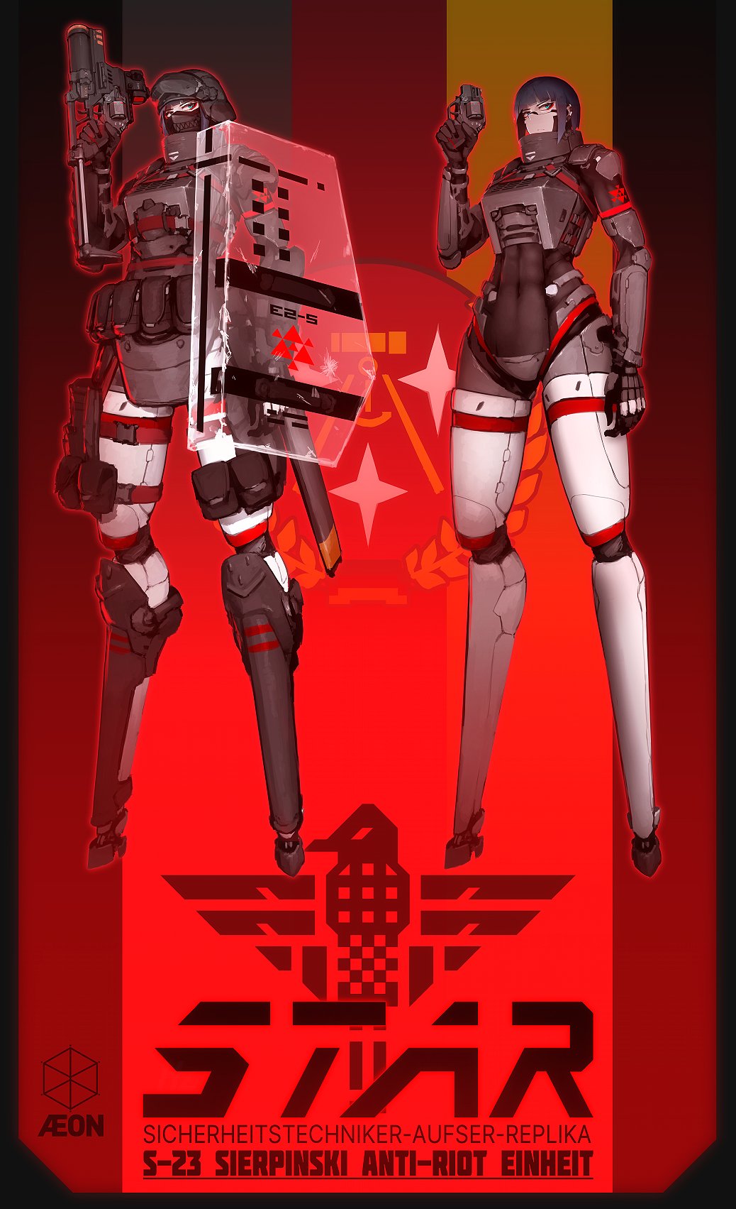 2girls abs android armor belt_pouch black_gloves black_hair blue_eyes breastplate commentary english_text eyeshadow german_text gloves grenade_launcher gun handgun helmet hetza_(hellshock) highres holding holding_weapon joints low_bore_axis_revolver makeup mechanical_arms mechanical_legs multiple_girls no_feet pouch red_eyeshadow revolver riot_shield robot_girl robot_joints shield short_hair signalis snubnosed_revolver star_(signalis) thigh_pouch underbarrel_grenade_launcher weapon