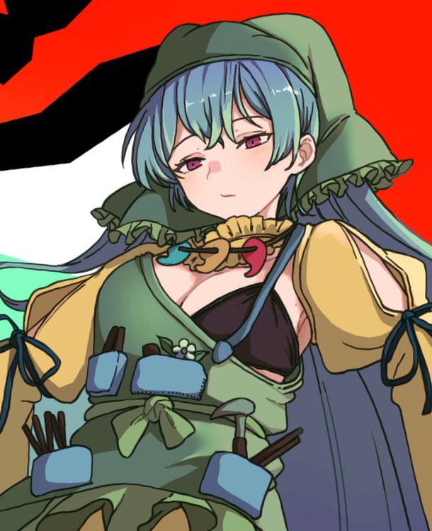 1girl apron arm_cutout black_bra blue_hair bra breasts cleavage closed_mouth commentary_request green_apron green_headscarf haniyasushin_keiki headscarf jewelry long_hair looking_at_viewer magatama magatama_necklace mesuosushi necklace red_eyes single_strap solo tools touhou underwear very_long_hair wood_carving_tool yellow_sleeves