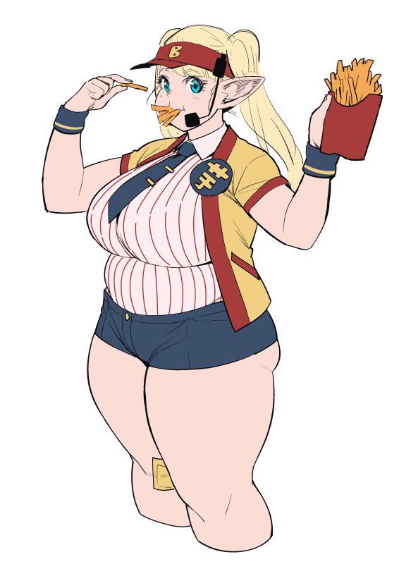 1girl blue_necktie blue_wrist_cuffs blush breasts commentary_request cosplay cropped_legs denim denim_shorts imadake_dabuchi_tabemi eating elf-san_wa_yaserarenai. elfuda_(elf-san_wa_yaserarenai.) food food_in_mouth french_fries holding holding_food huge_breasts imadake_dabuchi_tabemi_(cosplay) long_hair microphone necktie plump pointy_ears short_sleeves shorts simple_background solo synecdoche thick_thighs thighs twintails visor_cap white_background wing_collar wrist_cuffs