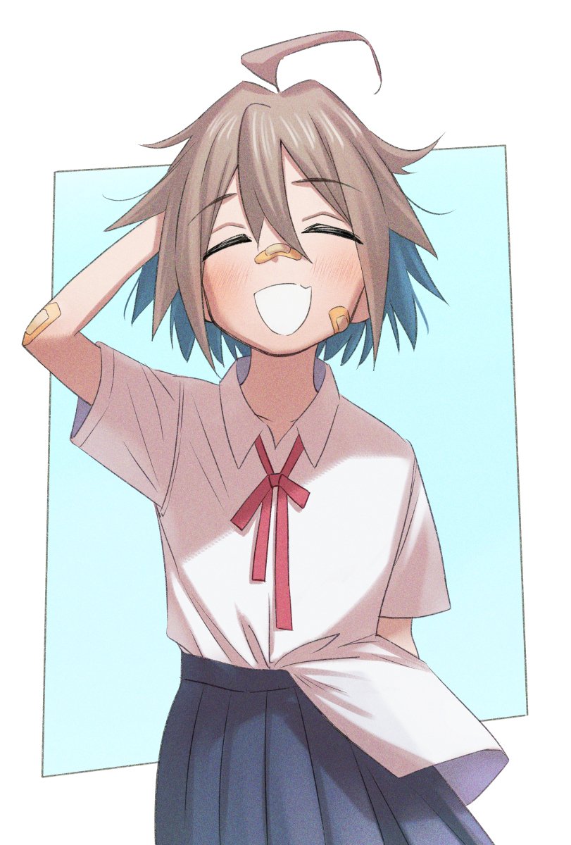 1girl ahoge bandaid bandaid_on_cheek bandaid_on_face bandaid_on_nose blush closed_eyes commentary_request do_it_yourself!! facing_viewer grey_hair highres shirt shirt_tucked_in short_hair skirt smile solo yua_serufu yutazo_028