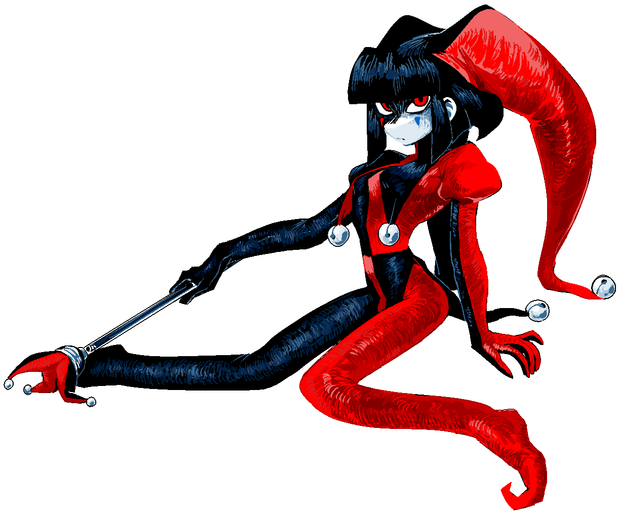 1boy alternate_costume asymmetrical_gloves bell black_bodysuit black_gloves black_hair black_sleeves blunt_bangs bodysuit colored_skin dizzyspells frown gloves harlequin hat hat_bell holding holding_scepter jester jester_cap jester_costume jingle_bell juliet_sleeves long_sleeves looking_at_viewer male_focus mark_under_both_eyes mismatched_gloves multicolored_bodysuit multicolored_hat multicolored_sleeves narrow_waist on_floor original pointy_footwear puffy_sleeves red_bodysuit red_eyes red_sleeves scepter scythe_(dizzyspells) shaded_face short_hair sidelocks sitting solo trap two-tone_hat wariza white_skin