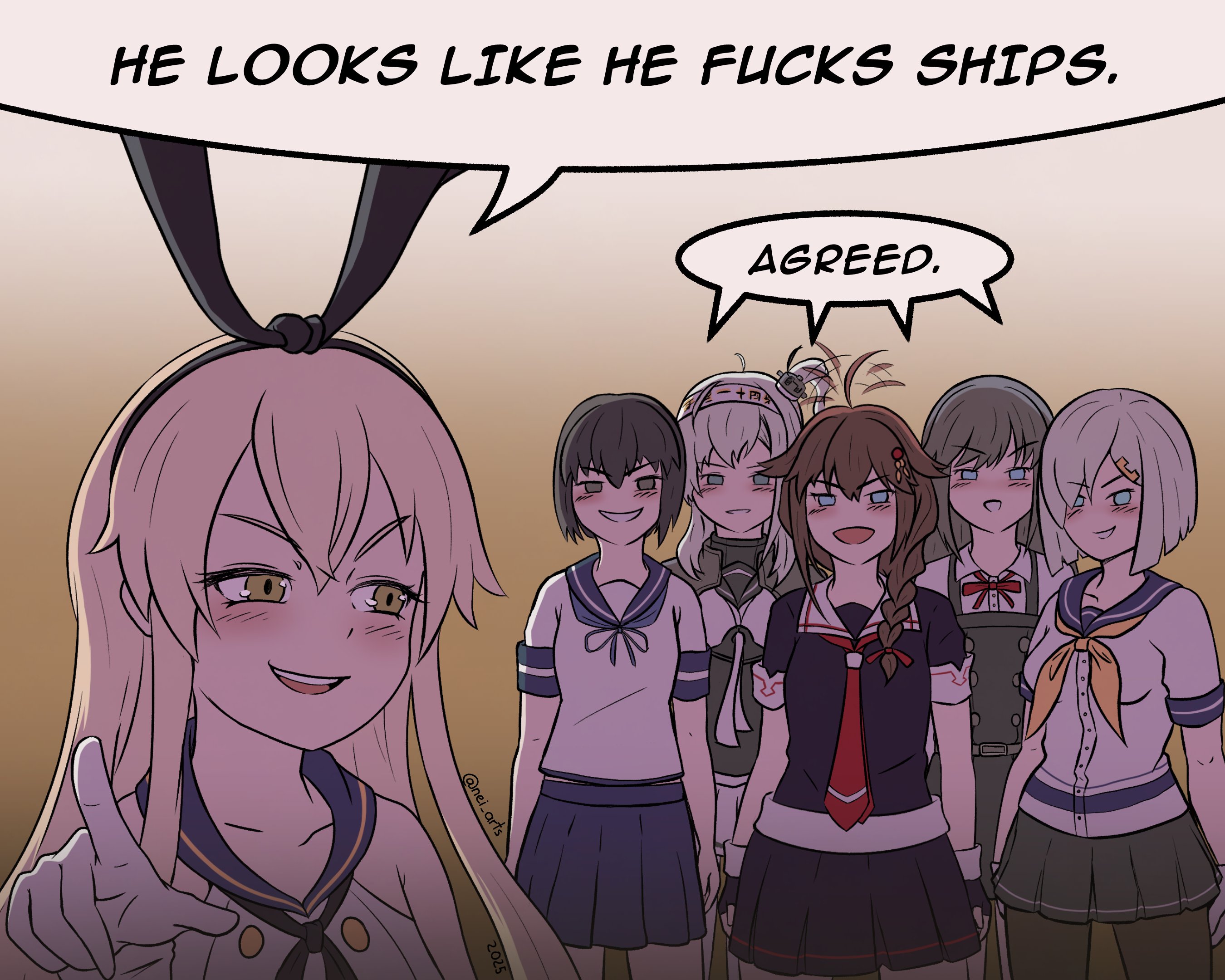6+girls ahoge ahoge_wag aqua_eyes asashio_(kancolle) asashio_kai_ni_(kancolle) beret blonde_hair blush braid brown_eyes brown_hair commission corset dress dress_shirt expressive_hair fubuki_(kancolle) grey_eyes grey_hair grin hat highres kantai_collection long_hair medium_hair meme multiple_girls neckerchief nei_arts pantyhose pinafore_dress pleated_skirt pointing sailor_collar school_uniform serafuku she_looks_like_she_fucks_human_men_(meme) shigure_(kancolle) shimakaze_(kancolle) shirt short_hair side_braid sidelocks skirt sleeveless sleeveless_dress smile suzutsuki_(kancolle) white_hair