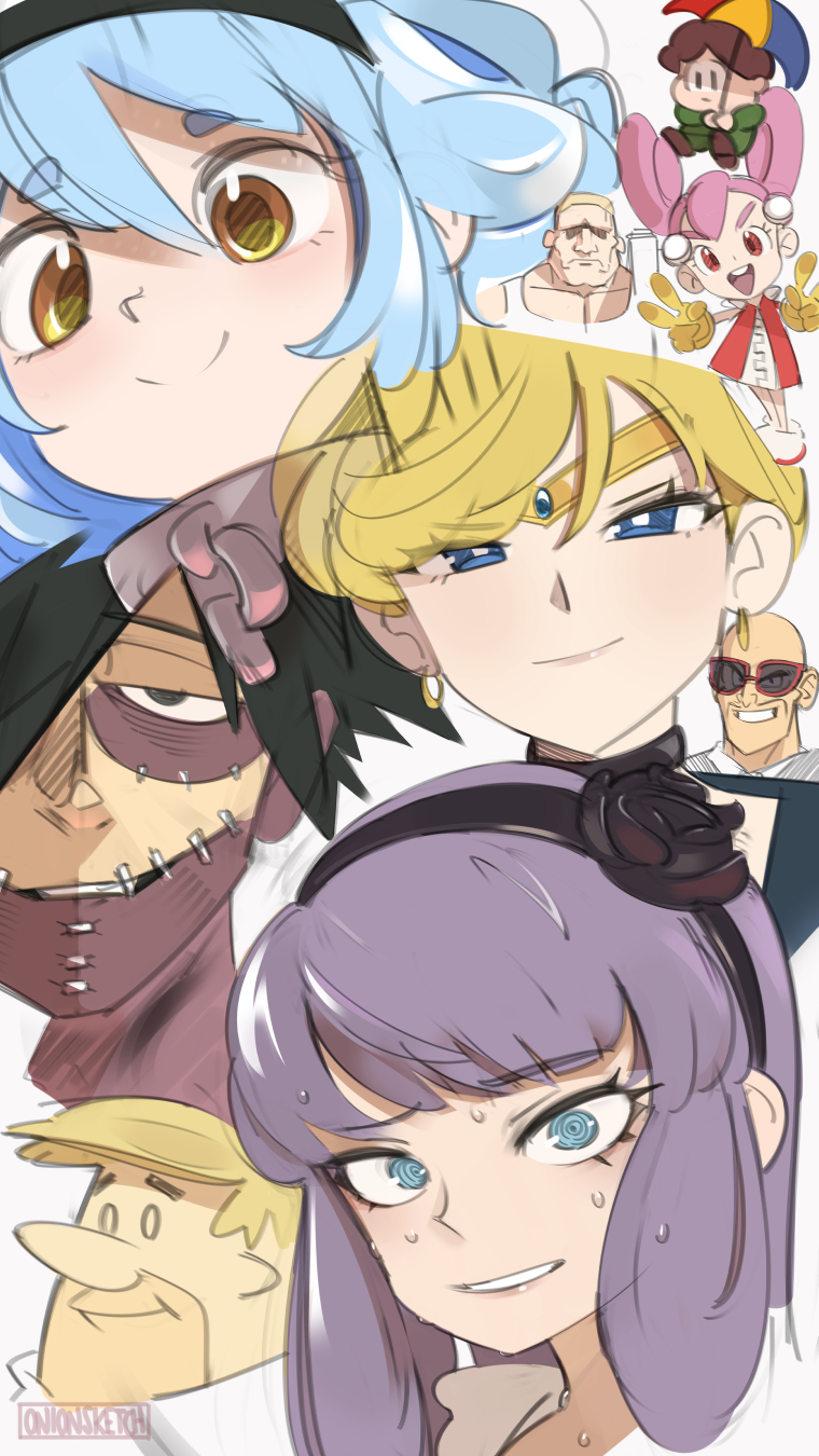4girls 5boys @_@ bald barney_rubble bishoujo_senshi_sailor_moon black_flower black_hair black_hairband black_rose blue_eyes boku_no_hero_academia brown_eyes character_request crossover dabi_(boku_no_hero_academia) dagashi_kashi double_v dragon_ball dragonball_z drill_dozer facial_hair flower gloves hair_flower hair_ornament hairband highres holding holding_umbrella jill_(drill_dozer) looking_at_viewer multiple_boys multiple_girls muscular muscular_male mustache nappa onionsketch parted_lips purple_hair rose sailor_uranus shidare_hotaru smile stitched_face stitches sunglasses tank_top ten&#039;ou_haruka the_flintstones umbrella v white_tank_top yellow_eyes yellow_gloves