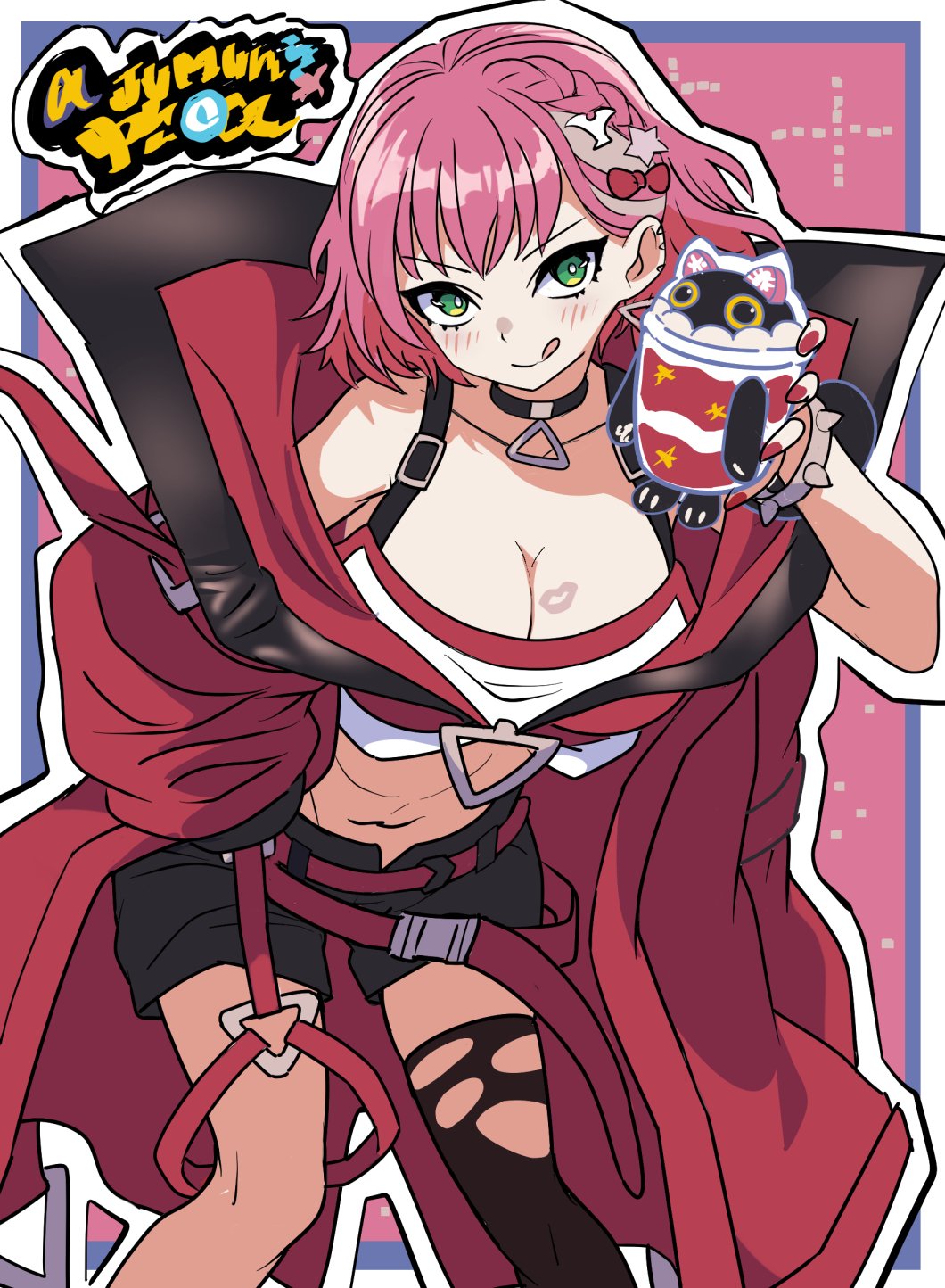 1girl bent_over black_shorts black_thighhighs border breasts cleavage coat collarbone cup cupsie_yummy duel_monster evil_twin_ki-sikil green_eyes highres holding holding_cup ki-sikil_(yu-gi-oh!) large_breasts official_alternate_costume red_background red_coat red_hair short_hair shorts simple_background single_thighhigh solo_focus thighhighs tongue tongue_out torn_clothes torn_thighhighs wadatsumi_(sense11531153) white_border yu-gi-oh!