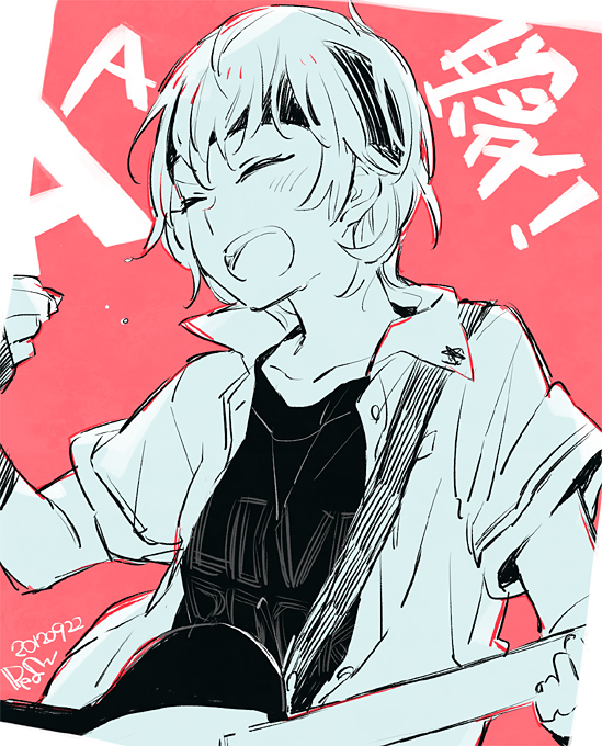 1girl 2012 black_shirt closed_eyes clothes_writing dated guitar hair_between_eyes hairband instrument koba_youka official_art okujou_no_yurirei-san open_clothes open_mouth open_shirt pe88y_(yu_tsugirls) red_background shirt short_hair short_sleeves solo sweat sweatdrop t-shirt text_background white_shirt