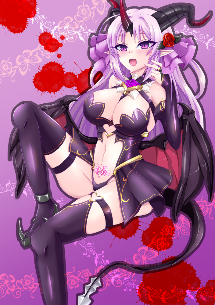1girl :d bare_shoulders black_thighhighs blood blood_splatter blush breasts bridal_gauntlets cleavage corruption dark_persona demon_girl demon_horns demon_tail demon_wings flower hair_flower hair_ornament heart heart_tattoo horns kouyoku_senki_exs-tia large_breasts long_hair looking_at_viewer luxtia navel open_mouth pointy_ears pubic_tattoo purple_background purple_eyes purple_hair red_flower revealing_clothes rose saigayura showgirl_skirt single_horn sitting smile solo tail tattoo thigh_strap thighhighs wings