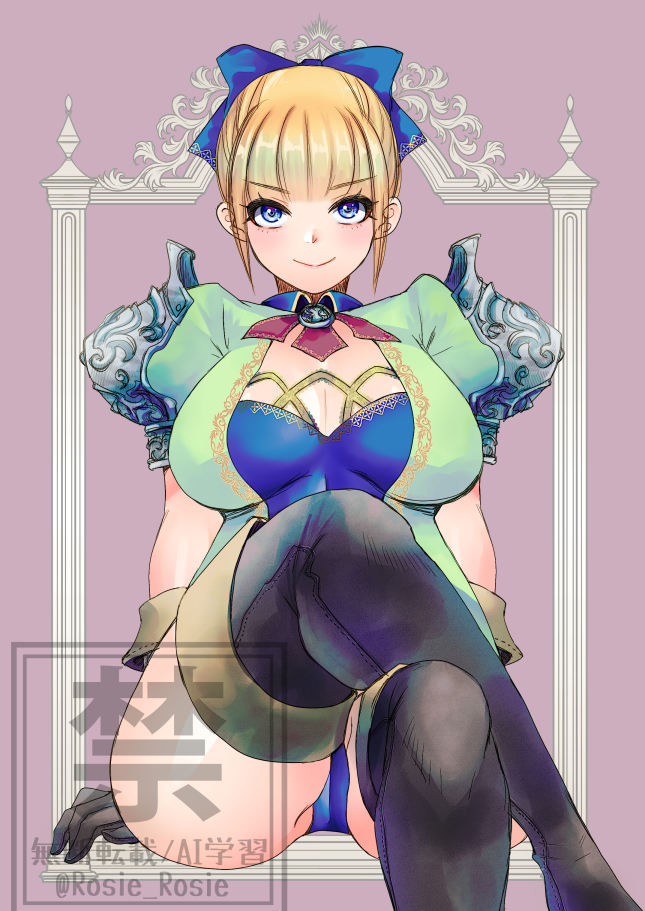 1girl blonde_hair blue_eyes blue_leotard boots breasts brown_boots cassandra_alexandra crossed_arms detached_collar gloves green_jacket hair_ribbon jacket large_breasts leotard pink_background ribbon rosie_rosie short_hair short_sleeves shoulder_pads sitting solo soul_calibur soulcalibur soulcalibur_ii twitter_username watermark weapon