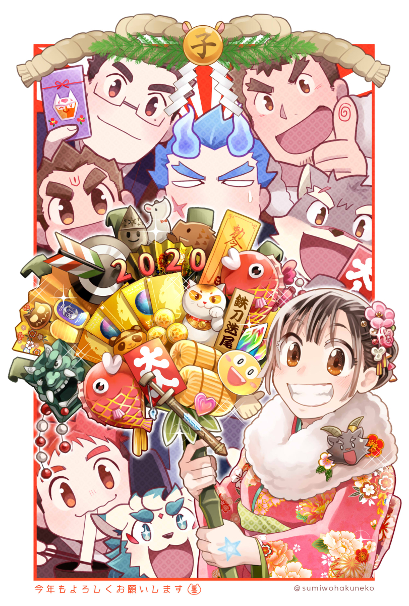 1girl 2020 6+boys arrow_(projectile) bamboo blue_hair boar border brown_eyes brown_hair cat dog_boy facial_scar fire fish floral_print floral_print_kimono folding_fan grin hand_fan hanuman_(housamo) hay_bale highres holding moritaka_(housamo) motoori_shiro multiple_boys no_nose open_mouth pen pentagram print_kimono protagonist_2_(housamo) red_hair sakimori_toji salomon_(housamo) scar scar_on_cheek scar_on_face scar_on_nose smile sumi_wo_hakuneko takabushi_kengo target thumbs_up tokyo_houkago_summoners translation_request white_border yakushimaru_ryota