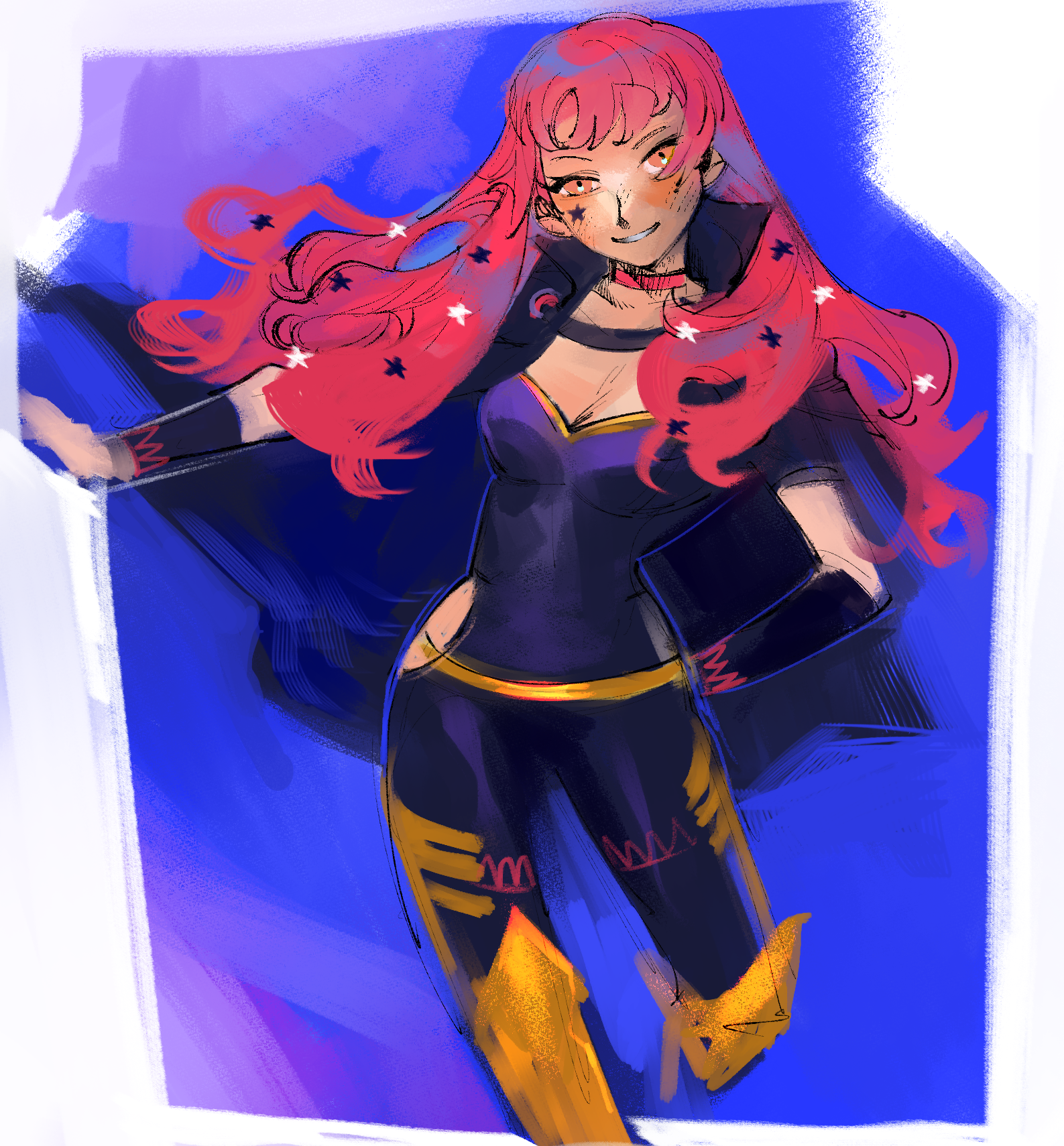 1girl belt bodysuit choker clothing_cutout facial_mark fire_emblem fire_emblem_engage gold_belt hair_ornament highres mochako_(motyako_1005) nintendo pink_choker purple_bodysuit red_eyes red_hair side_cutout star_(symbol) star_facial_mark star_hair_ornament yellow_belt yunaka_(fire_emblem)