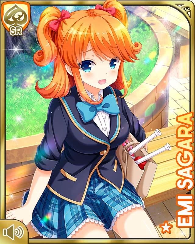 1girl :d bag bench blue_bow blue_eyes boots bow bowtie character_name girlfriend_(kari) hair_bow hair_ribbon holding juggling_club medium_hair official_art open_mouth orange_hair plaid_clothes plaid_skirt pleated_skirt qp:flapper red_bow ribbon sagara_emi school_uniform sitting skirt smile solo tagme two_side_up wooden_bench