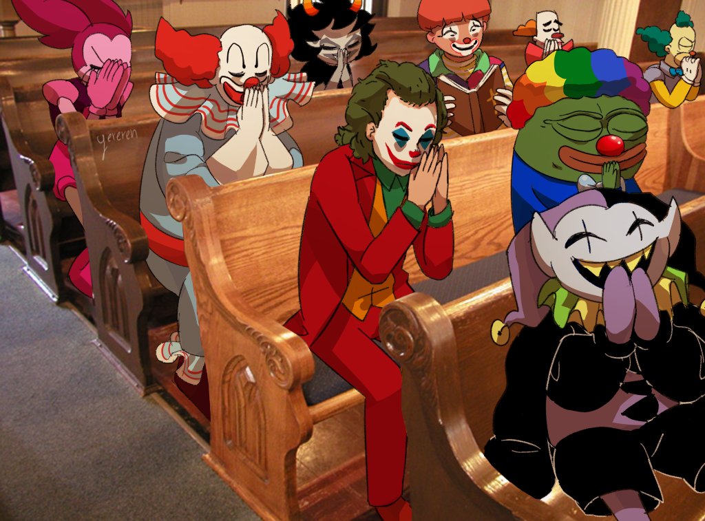 4chan afro batman_(series) bench black_hair black_shorts book character_request church closed_eyes clown clown_nose commentary copyright_request crossover dc_comics deltarune facepaint formal_clothes full_body gloves green_hair hat holding holding_book horns indoors jester_cap jevil krusty_the_clown makeup multicolored_hair multiple_crossover own_hands_clasped own_hands_together pants pepe_the_frog photo_background pointy_ears praying red_pants red_suit shorts signature sitting smile suit the_joker the_simpsons trait_connection twintails white_gloves yereren