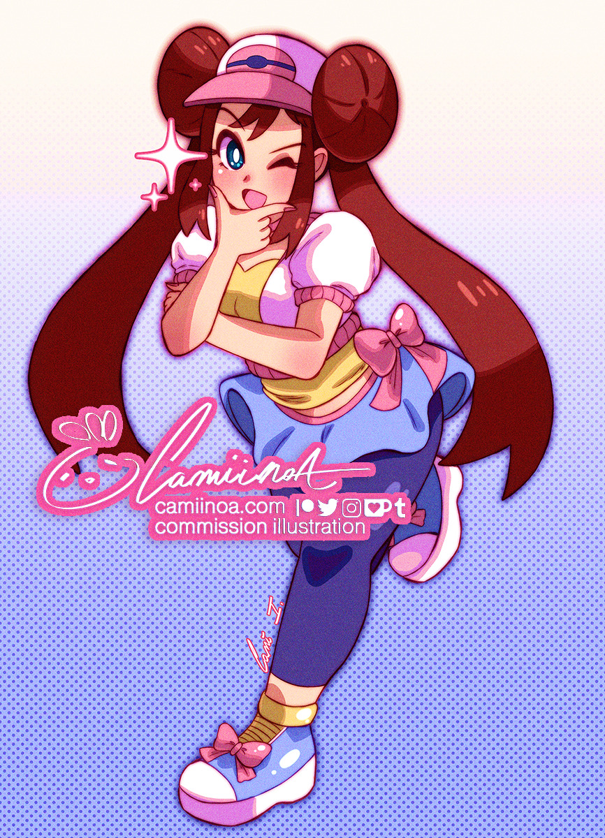 1girl alternate_costume blue_background blue_eyes brown_hair camiinoa commission creatures_(company) double_bun full_body game_freak gradient_background hair_bun hand_on_own_chin highres looking_at_viewer nintendo one_eye_closed pink_nails pokemon pokemon_bw2 rosa_(pokemon) signature solo sparkle watermark