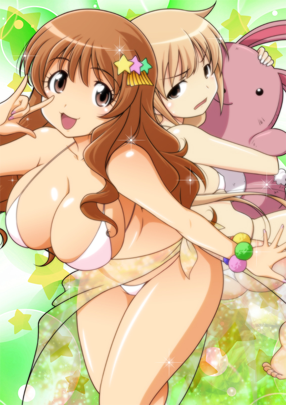 10s 2girls :3 ass bikini blonde_hair breasts brown_eyes brown_hair futaba_anzu harada_shoutarou idolmaster idolmaster_cinderella_girls large_breasts long_hair moroboshi_kirari multiple_girls sarong stuffed_animal stuffed_rabbit stuffed_toy swimsuit thong_bikini twintails