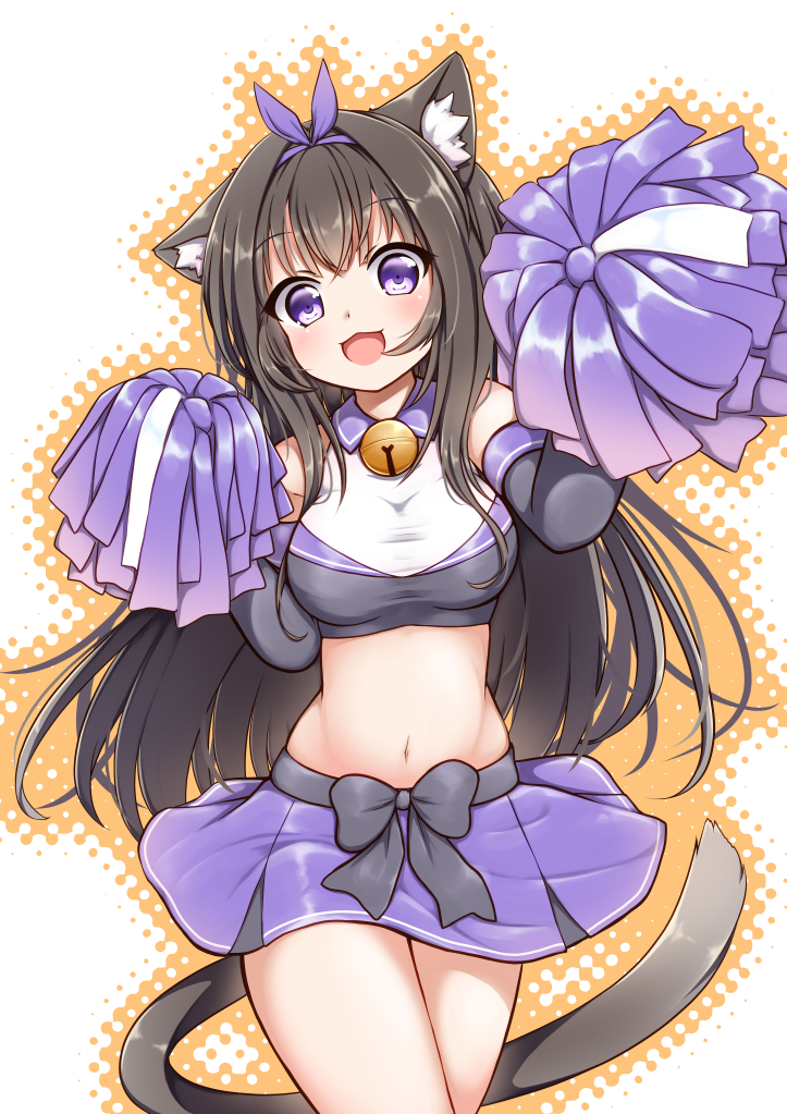 1girl alternate_costume animal_ear_fluff animal_ears arashio_(azur_lane) azur_lane bell black_hair blush breasts cat_ears cat_girl cat_tail cheerleader crop_top elbow_gloves female_focus gloves hair_ornament hestia_(neko_itachi) long_hair looking_at_viewer medium_breasts midriff navel neck_bell open_mouth pom_pom_(cheerleading) purple_eyes purple_skirt ribbon skirt smile solo tail