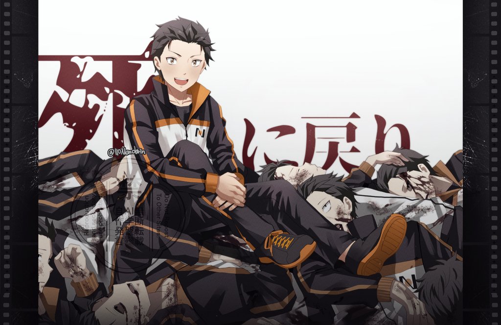 :d blood blood_on_face brown_eyes death hair_slicked_back hugging_own_leg long_sleeves looking_at_viewer male_focus mandarin_cookie multiple_boys multiple_persona natsuki_subaru open_mouth pile_of_corpses popped_collar re:zero_kara_hajimeru_isekai_seikatsu shoes short_hair simple_background sitting sitting_on_person smile sneakers symbolism track_suit twitter_username