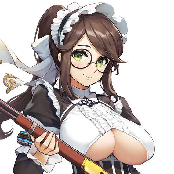1girl bow breasts brown_hair cleavage cleavage_cutout closed_mouth clothing_cutout constantia_s2 dress female_focus frilled_dress frills game_cg glasses green_eyes gun hair_bow head_tilt headdress high_collar holding holding_gun holding_rifle holding_weapon kakiman large_breasts last_origin long_hair long_sleeves looking_at_viewer maid maid_headdress official_art ponytail puffy_short_sleeves puffy_sleeves rifle round_eyewear short_sleeves sidelocks skindentation smile tight_clothes transparent_background underboob underboob_cutout upper_body weapon