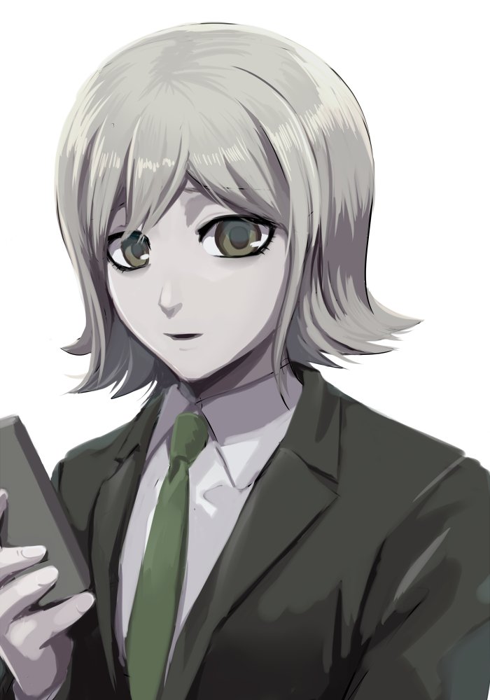 1boy brown_eyes brown_jacket collared_shirt commentary_request danganronpa_(series) danganronpa_3_(anime) formal_clothes green_eyes green_necktie hand_up holding jacket long_sleeves looking_at_viewer male_focus mitarai_ryota necktie open_mouth shirt short_hair simple_background sketti smile solo upper_body white_background white_shirt