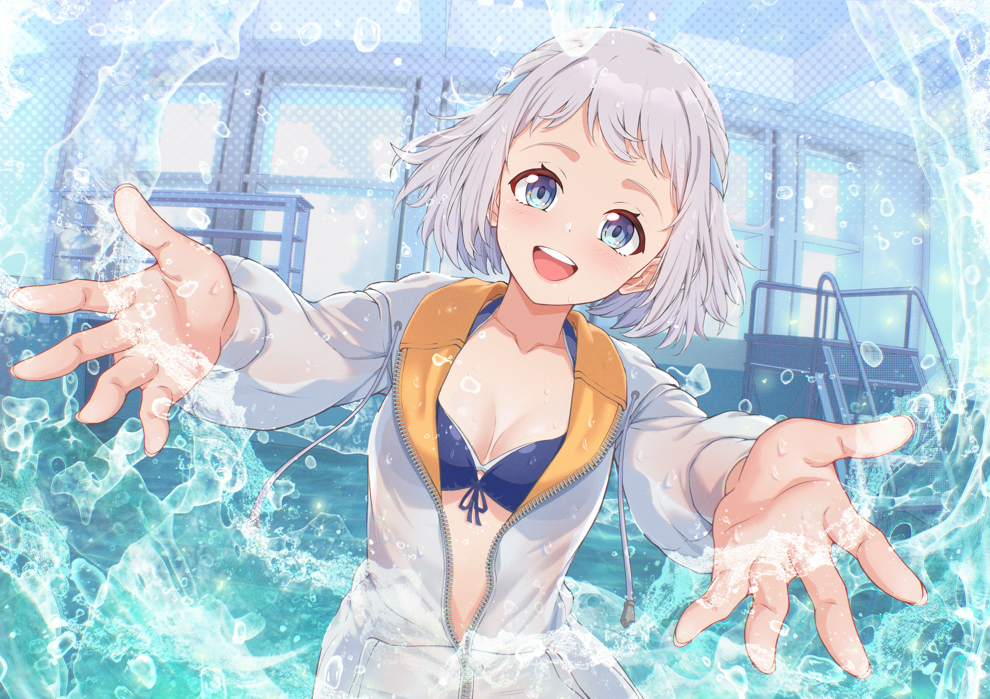 1girl agiri_(agiri_box) bikini bikini_under_clothes blue_bikini blue_eyes blush breasts cleavage collarbone front-tie_bikini_top front-tie_top gakuen_idolmaster grey_hair head_tilt highres idolmaster jacket jacket_over_swimsuit katsuragi_lilja kimi_to_semi_blue_(idolmaster) looking_at_viewer medium_breasts partially_unzipped smile solo splashing swimsuit teeth two-sided_fabric two-sided_jacket upper_body upper_teeth_only white_jacket