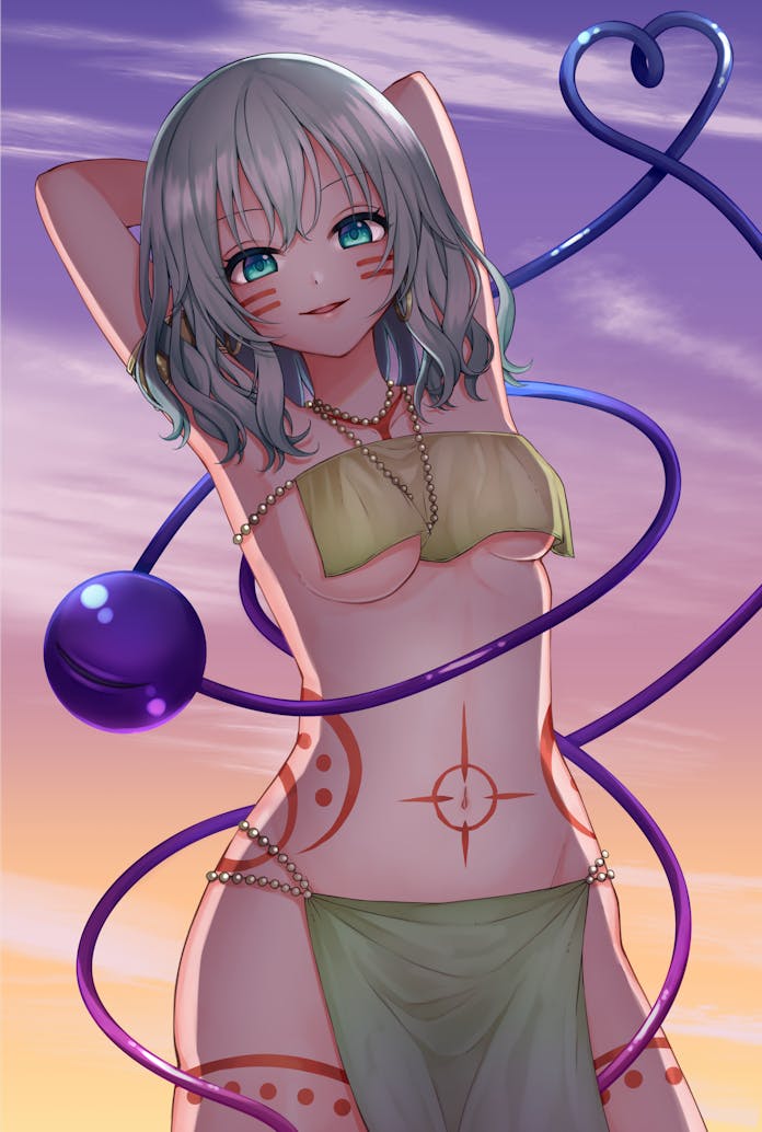 1girl alternate_costume armpits arms_behind_head backlighting bead_necklace beads breast_curtain breasts commentary_request commission cowboy_shot eyelashes green_eyes green_hair hair_between_eyes heart heart_of_string hip_tattoo jewelry komeiji_koishi leg_tattoo looking_at_viewer medium_breasts medium_hair meme navel necklace outdoors parted_lips rnkgmn skeb_commission smile solo stomach_tattoo sunset tattoo third_eye touhou underboob yakshi_statue_(meme)
