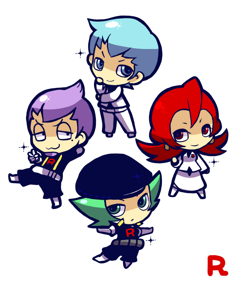 1girl 3boys :3 archer_(pokemon) ariana_(pokemon) belt black_jacket blue_eyes blue_hair chibi chibi_only earrings full_body gloves green_eyes green_hair grey_belt hair_between_eyes jacket jewelry kotorai long_sleeves mole mole_under_eye multiple_boys nintendo no_nose outstretched_arms petrel_(pokemon) pokemon pokemon_hgss proton_(pokemon) purple_hair red_hair simple_background skirt smile sparkle spread_arms team_rocket team_rocket_uniform v white_background white_belt white_gloves white_jacket white_skirt