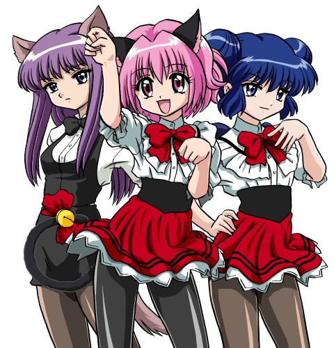 3girls aizawa_mint alternate_costume animal_ears bandabekken bell blue_eyes blue_hair bow bronze_parrot cat_ears cat_tail cosplay double_bun female_focus fujiwara_zakuro hair_bun jingle_bell long_hair lowres mew_ichigo mew_mint mew_zakuro momomiya_ichigo multiple_girls non-web_source pantyhose paw_pose pink_eyes pink_hair purple_eyes purple_hair red_bow short_hair simple_background stance tail tail_bell tail_ornament tokyo_mew_mew waitress white_background wolf_ears wolf_tail