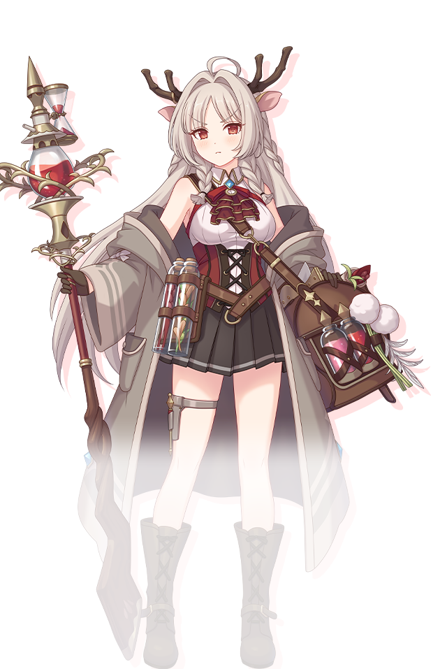 1girl animal_ears bag belt black_skirt blush boots braid braided_sidelocks breasts brown_belt brown_boots brown_gloves coat collared_shirt corset drop_shadow frown full_body furrowed_brow gloves grey_hair half_gloves holding holding_staff lace-up_boots long_hair long_sidelocks looking_at_viewer louise_marie off_shoulder official_art open_clothes open_coat pleated_skirt pom_pom_(clothes) princess_connect! raised_eyebrows red_corset red_eyes ribbed_shirt shirt sidelocks simple_background skirt sleeveless sleeveless_shirt solo staff thigh_strap transparent_background v-shaped_eyebrows white_shirt wing_collar