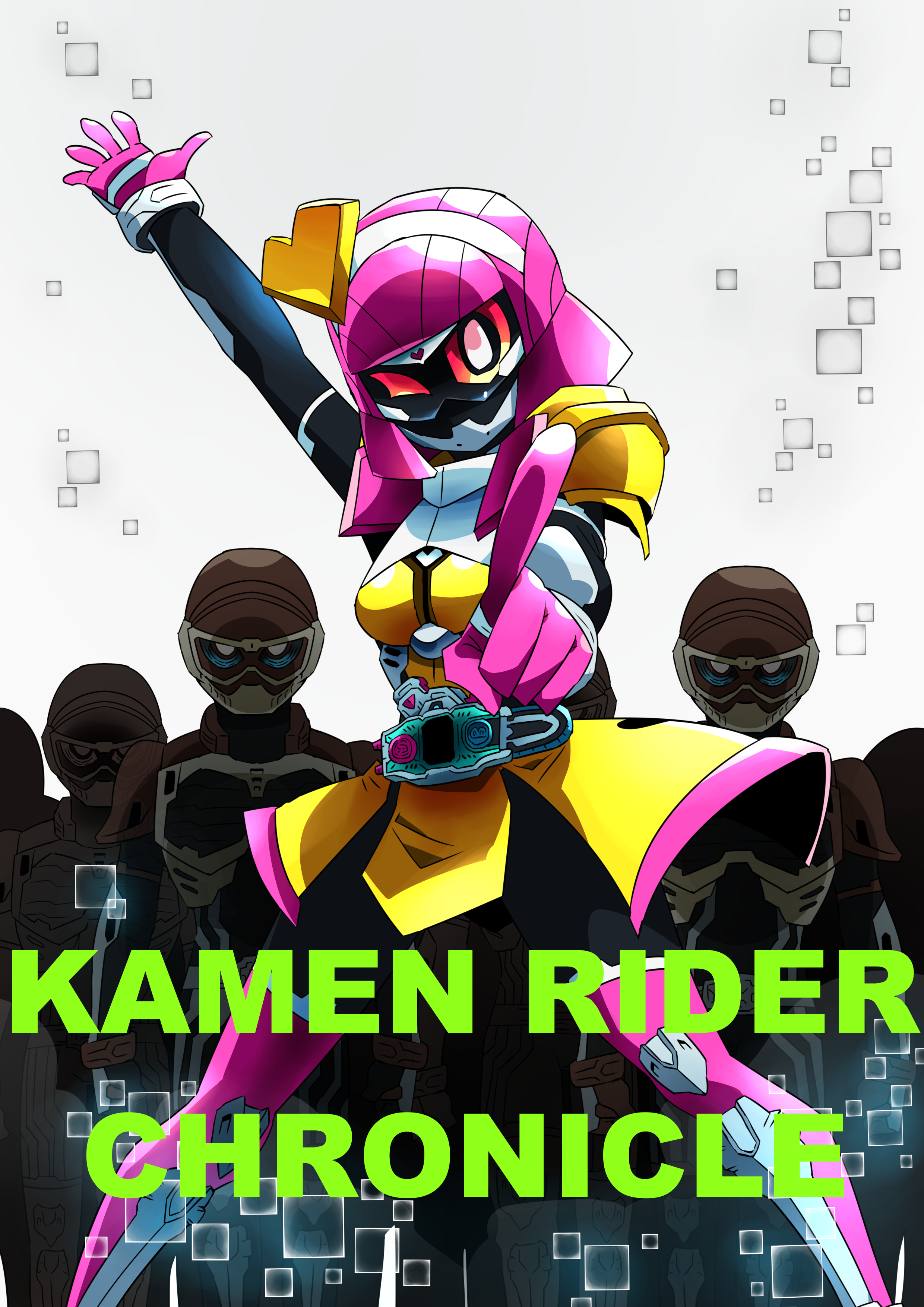 1girl absurdres armor belt highres kamen_rider kamen_rider_ex-aid_(series) kamen_rider_poppi one_eye_closed otokamu outstretched_arms pointing poppi_pipopapo ride_player spoilers