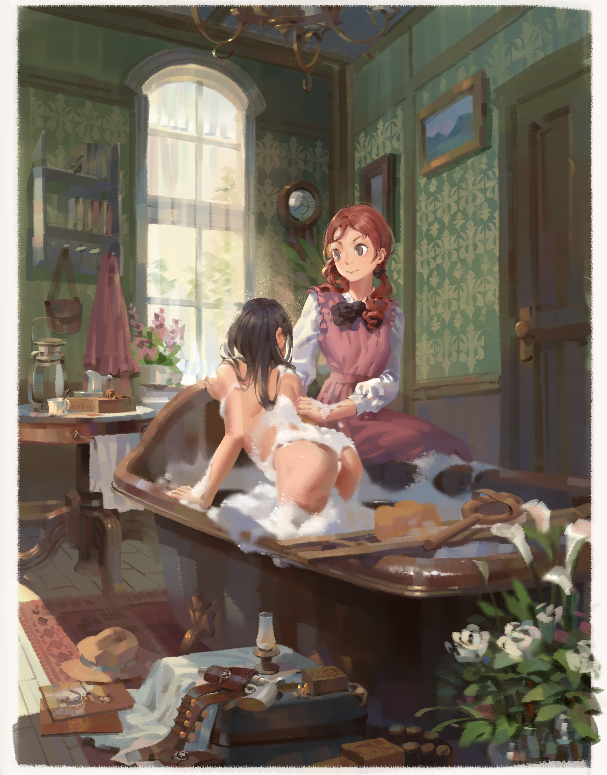 2girls absurdres apron arm_support ass back bag bath bathing bathtub belt bent_over black_hair blouse bookshelf border bow bowtie bubble_bath chandelier clock clothed_female_nude_female cowboy_western cup curtains door dress drill_hair facing_away female_focus flower frilled_apron frills gun handgun hat highres holster indoors lamp long_hair looking_at_another multiple_girls nude original painting_(object) parted_bangs pitcher_(container) psi_(583278318) puffy_sleeves realistic red_hair revolver rug shirt shoulder_blades sitting slice_of_life smile soap soap_bubbles suitcase table twin_drills twintails unworn_belt unworn_hat unworn_headwear wall_clock washing weapon white_shirt window wooden_floor yuri