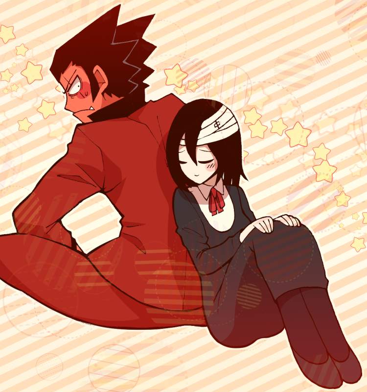 1boy 1girl ace_attorney back-to-back bandaged_head bandages black_dress black_hair blush closed_eyes closed_mouth collared_dress colored_skin dress fang formal_clothes furio_tigre hands_on_own_knees hetero jacket long_hair long_sleeves looking_at_another minashirazu muscular muscular_male pants pantyhose phoenix_wright:_ace_attorney_-_trials_and_tribulations red_jacket red_pants red_skin ribbon short_hair sitting smile spiked_hair star_(symbol) suit viola_cadaverini