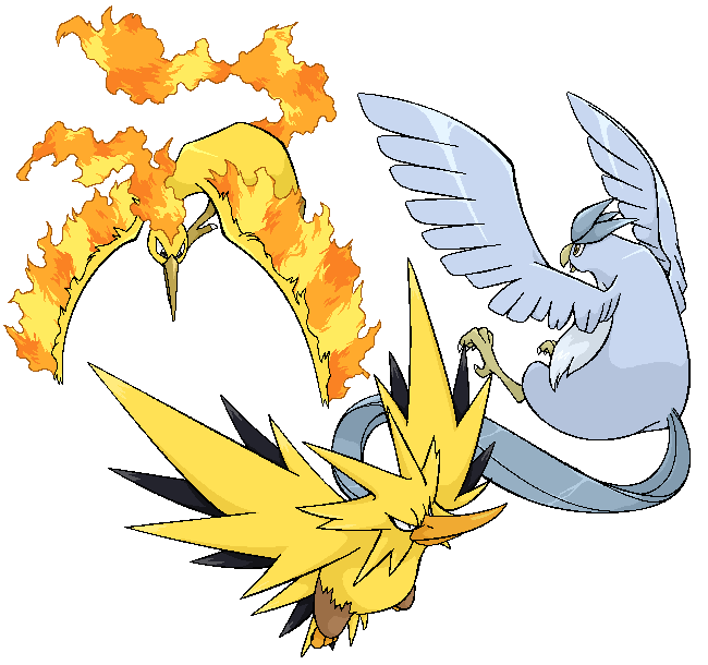 articuno bird claws fiery_wings fire full_body gen_1_pokemon legendary_pokemon moltres nintendo no_humans open_mouth pokemon pokemon_(creature) tail wings zapdos