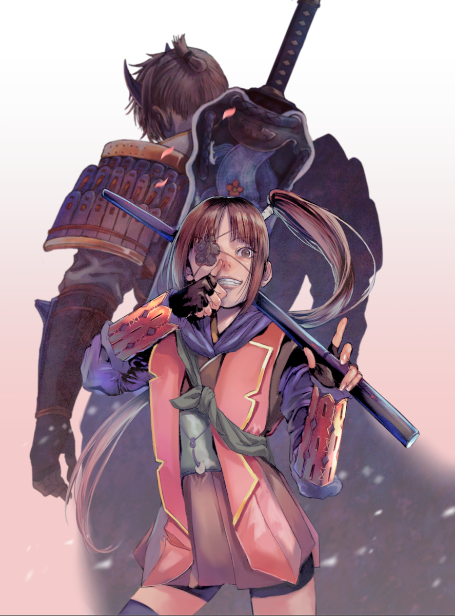 1boy 1girl armor back-to-back black_gloves black_shorts black_thighhighs brown_eyes brown_hair capcom carrying_over_shoulder eyelashes eyepatch facing_away fingerless_gloves gauss_&lt;bokashi gloves gradient_background grin hand_up height_difference highres holding holding_sword holding_weapon horns japanese_armor japanese_clothes jewelry kaijin_no_souki kote long_hair long_sleeves looking_at_viewer miniskirt motion_blur one_eye_covered onimusha onimusha:_dawn_of_dreams over_shoulder parted_bangs pendant petals pleated_skirt red_background red_skirt scarf shorts shoulder_armor side_ponytail skirt smile sode sword sword_on_back thighhighs topknot very_long_hair weapon weapon_on_back weapon_over_shoulder white_background wiping_nose yagyuu_juubei_(dawn_of_dreams)