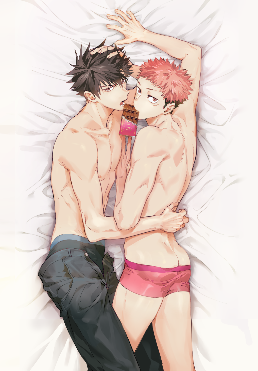 2boys ass black_hair black_male_underwear boxers butt_crack candy chocolate chocolate_bar food fushiguro_megumi hand_on_another&#039;s_back hand_on_own_head highres itadori_yuuji juju_net jujutsu_kaisen leg_between_thighs looking_at_viewer male_focus male_underwear multiple_boys no_pants open_mouth open_pants pants pink_eyes pink_hair pink_male_underwear shirt short_hair simple_background spiked_hair thighs toned toned_male topless_male undercut underwear underwear_only yaoi