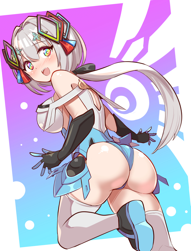 1girl :d ancie ass ass_focus azure_striker_gunvolt bare_shoulders blush breasts card-en-ciel commission commissioner_upload cosplay cougar_(cougar1404) elbow_gloves from_behind gloves grey_hair gunvolt_chronicles_luminous_avenger_ix hair_between_eyes hair_ornament large_breasts leg_up leotard long_hair low_ponytail multicolored_eyes multicolored_leotard official_alternate_color open_mouth ponytail rainbow_eyes roro_(gunvolt) roro_(gunvolt)_(cosplay) shoes skeb_commission smile solo thighhighs wedgie white_thighhighs