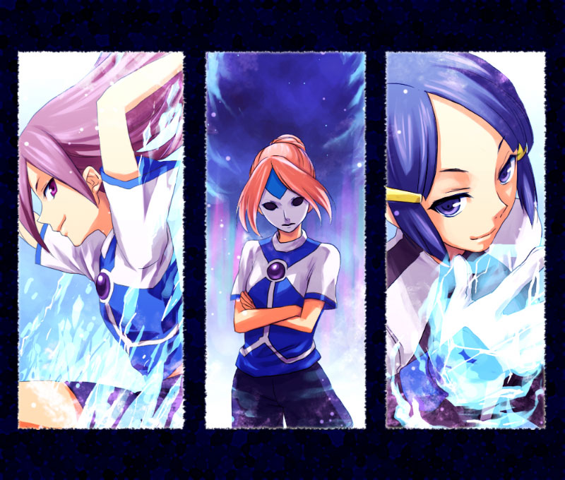 3girls blue_eyes blue_hair diamond_dust_(inazuma_eleven) framed hair_ornament hairclip inazuma_eleven inazuma_eleven_(series) kori_(etinop) kurakake_clara kurione_yuki long_hair mask multiple_girls orange_hair purple_eyes purple_hair shorts smile soccer_uniform sportswear touchi_ai