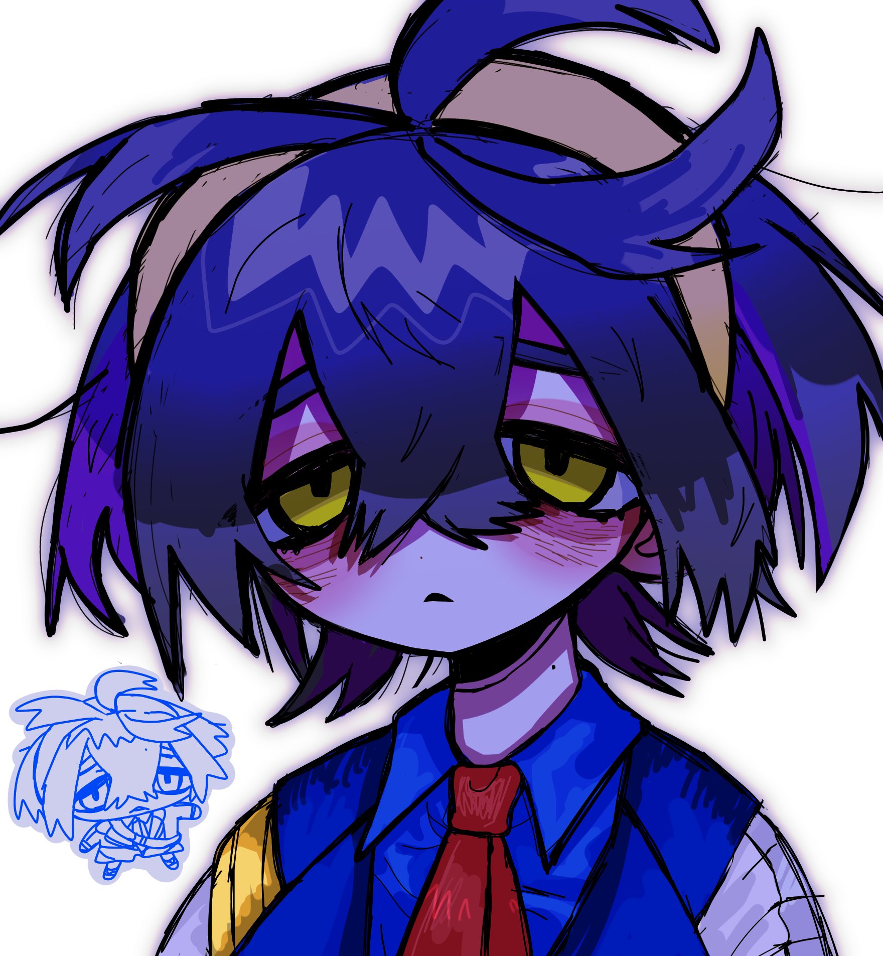 1boy black_hair blue_shirt brown_eyes chibi closed_mouth collared_shirt crossed_bangs hair_between_eyes highres kieran_(pokemon) kobanzame_omo male_focus mole mole_on_neck necktie nintendo pokemon pokemon_sv red_necktie shirt short_hair simple_background solo upper_body white_background