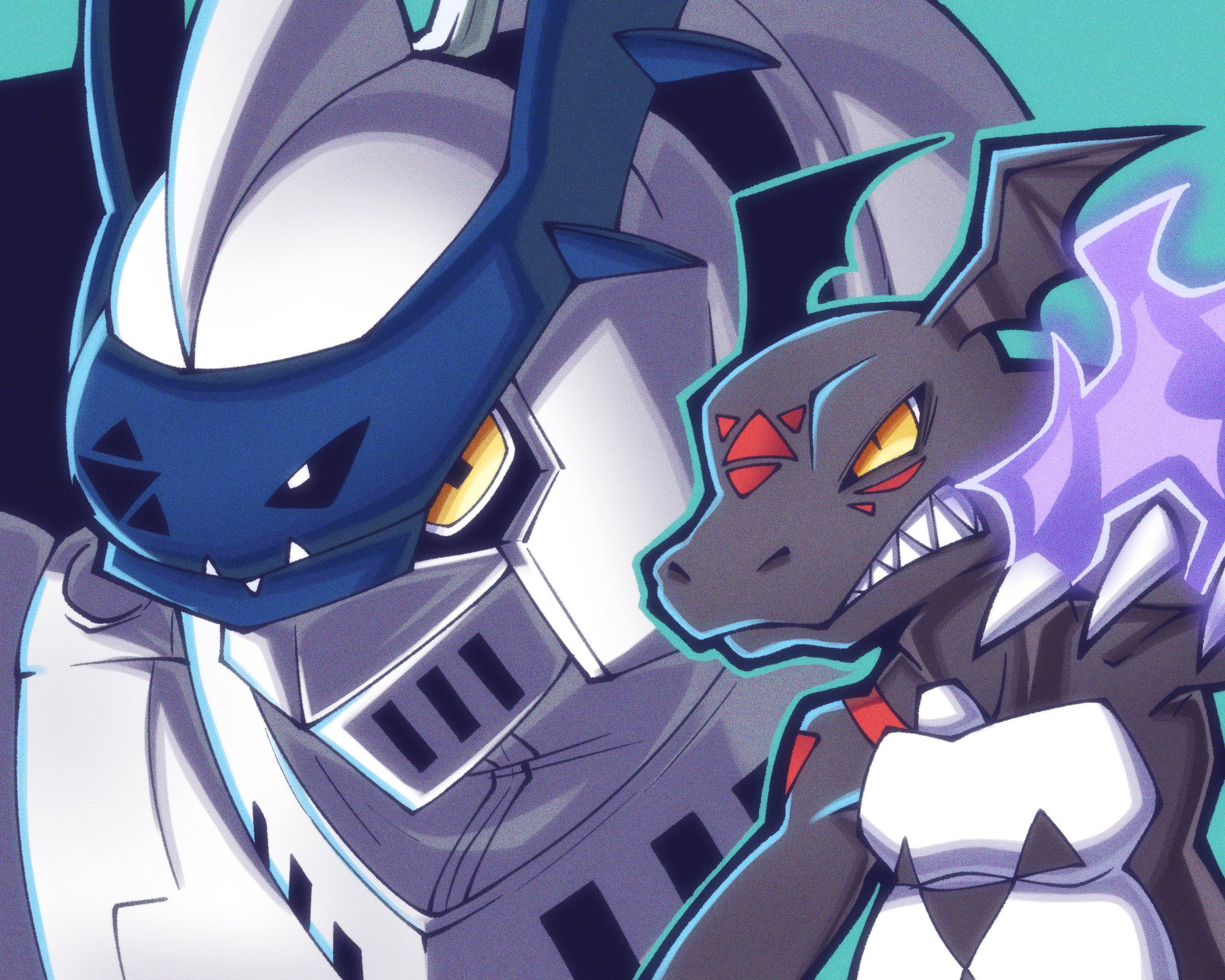 armor blackguilmon chaosdukemon digimon digimon_(creature) digital_hazard fire full_armor highres triangle wings yellow_eyes