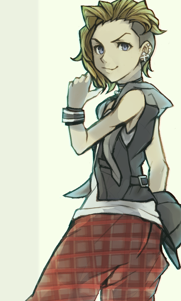 1boy black_vest blue_eyes brown_hair choker closed_mouth ear_piercing earrings from_behind furesawa_tosai grey_scarf jewelry male_focus necklace pants pearl_necklace piercing plaid_clothes plaid_pants red_pants scarf shin_subarashiki_kono_sekai shirt smile solo solo_focus subarashiki_kono_sekai undercut vest white_shirt wristband
