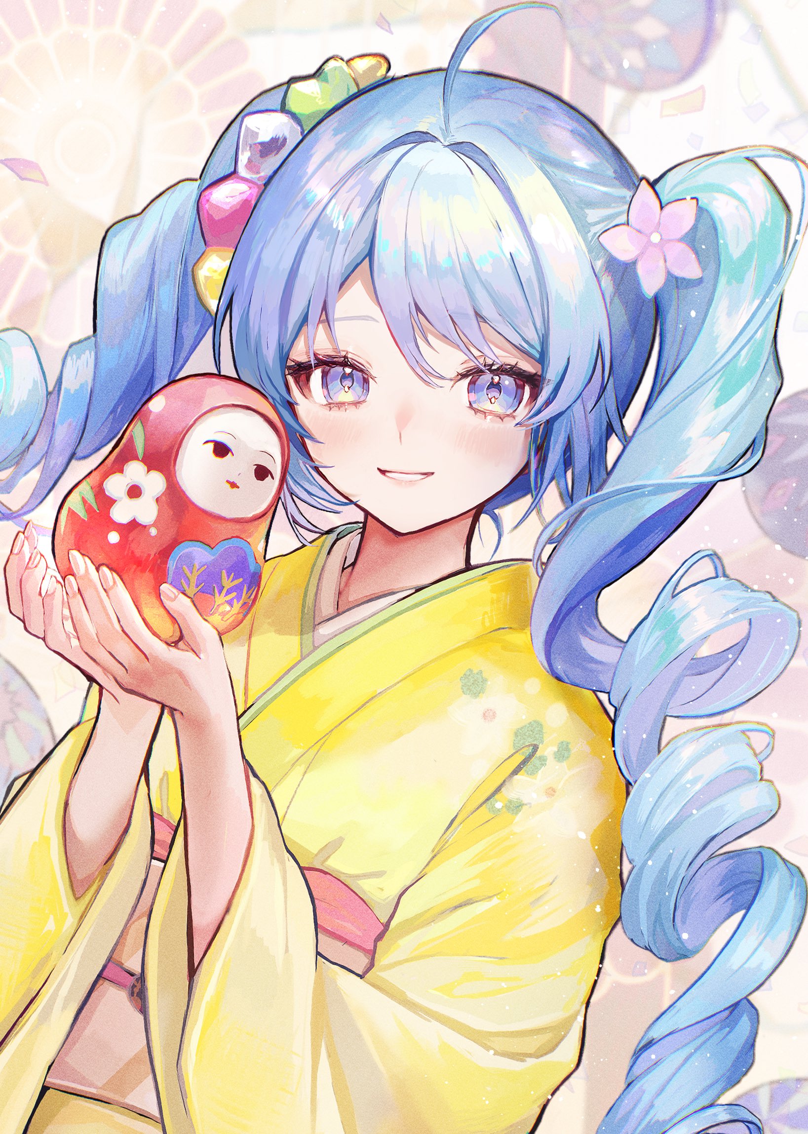 1girl ahoge blue_eyes blue_hair blush commission drill_hair flower hair_flower hair_ornament highres holding japanese_clothes kimono long_hair long_sleeves looking_at_viewer original pipi_(pipinavigation) smile solo twin_drills twintails upper_body yellow_kimono