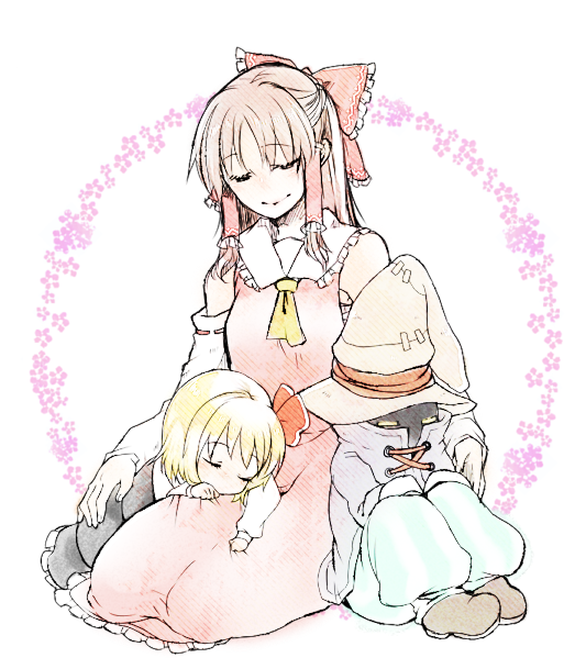 ascot black_mage_(final_fantasy) blue_coat bow closed_eyes coat crossover detached_sleeves final_fantasy final_fantasy_ix floral_background flower frilled_bow frilled_hair_tubes frills hair_bow hair_tubes hakurei_reimu hand_on_another&#039;s_waist hat japanese_clothes kuroneko_(44yen) lace-up lace-up_top lying_on_another pants pink_flower red_bow red_skirt ribbon-trimmed_sleeves ribbon_trim rumia seiza sitting skirt sleeping sleeping_on_person striped_clothes striped_pants touhou vivi_ornitier white_background wizard_hat yellow_ascot