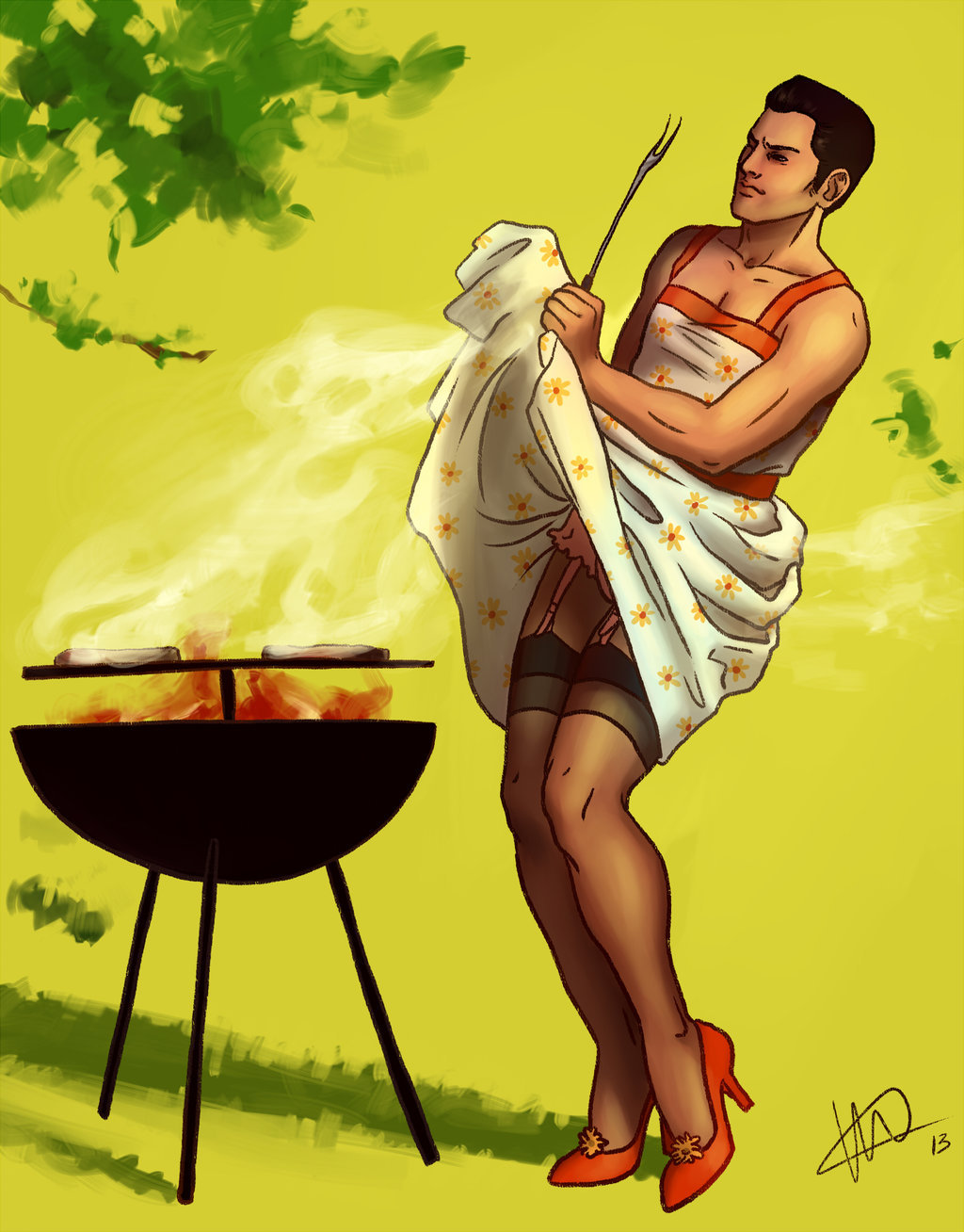 1boy cooking crossdressing dress grill grilling high_heels highres holding holding_dress holding_unworn_clothes kaidan_alenko mass_effect_(series) pantyhose pin_up solo solo_focus thanekriosaddict-blog tumblr